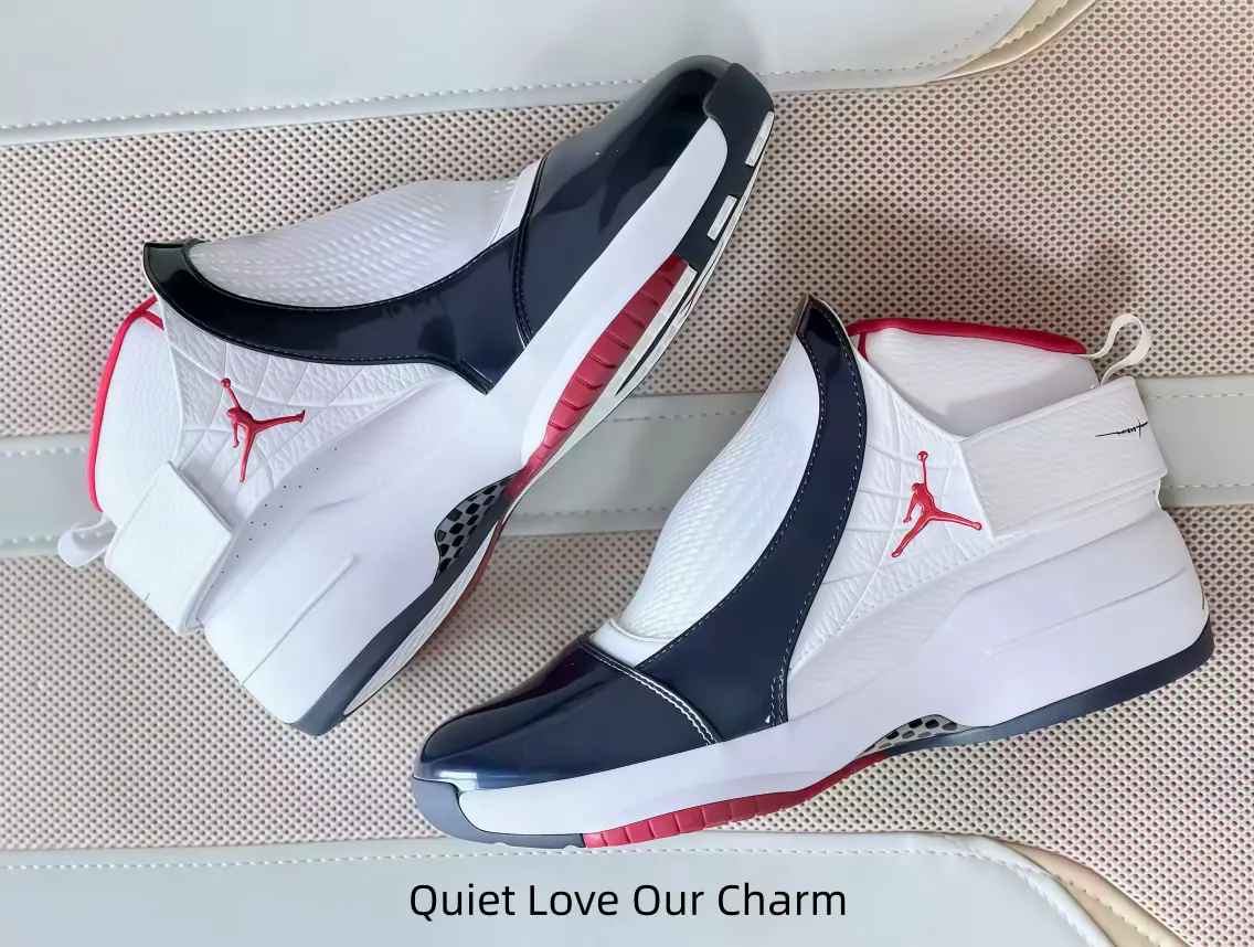 Timeless White Navy Color Block High Top Sneakers Fine Breathable Mesh Shell Glossy Dark Blue Patent Toe Cap Vivid Red Side Logo Soft Cushion Midsole Retro Neutral Sneaker Collector Streetwear Daily Footwear ：