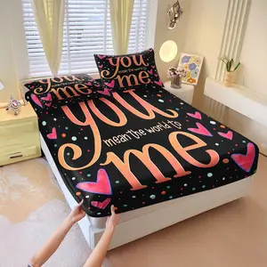 Heart, polka dot, and handwritten print fitted Sheet Set,1 Fitted Sheet & 2 Pillowcases without Filler,Features the handwritten slogan "You mean the world to me,"Romantic and cozy,gentle and healing,soft and comfortable,good gift.