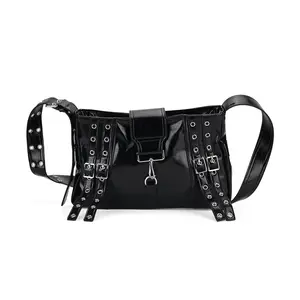 Black Faux Leather Punk Crossbody Bag with Shoulder Strap