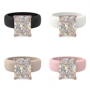 Women's Silicone Ring with Large Rectangle CZ Stone, Rose Gold Prong Setting, Comfortable Sport Wedding Band, Anti-allergy Jewel,Queue gifts, festival gifts
