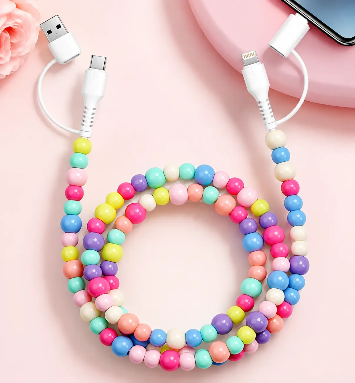 Stylish Beaded charging cable-compatible with various devices (USB-C andLightning ports); available in 4-in-1 or 2-in-1 configurations; MFicertified; 3.3 ft (approx. 1 m) length; designed specifically for womenand girls.