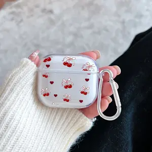Red Cherries Butterfly Bows Pattern TPU Soft Protective Case for Apple AirPods 4/3/2/1/Pro/Pro2 Transparent Earphone Cover with Keychain Attachment