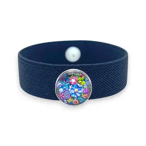 Bold Bloom Anxiety Bracelet - Snap Charm Acupressure Wristband for Balance & Mood - Black Stretch Band with Blue Flower Charm - Comfortable All-Day Wear - Non-Adjustable