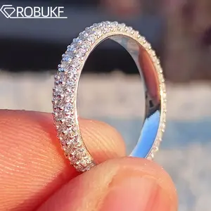 Three Sided Micro Pave Full Moissanite Ring For Women 1mm Three Row Round Cut Diamond 925 Sterling Silver Stacking Wedding Band