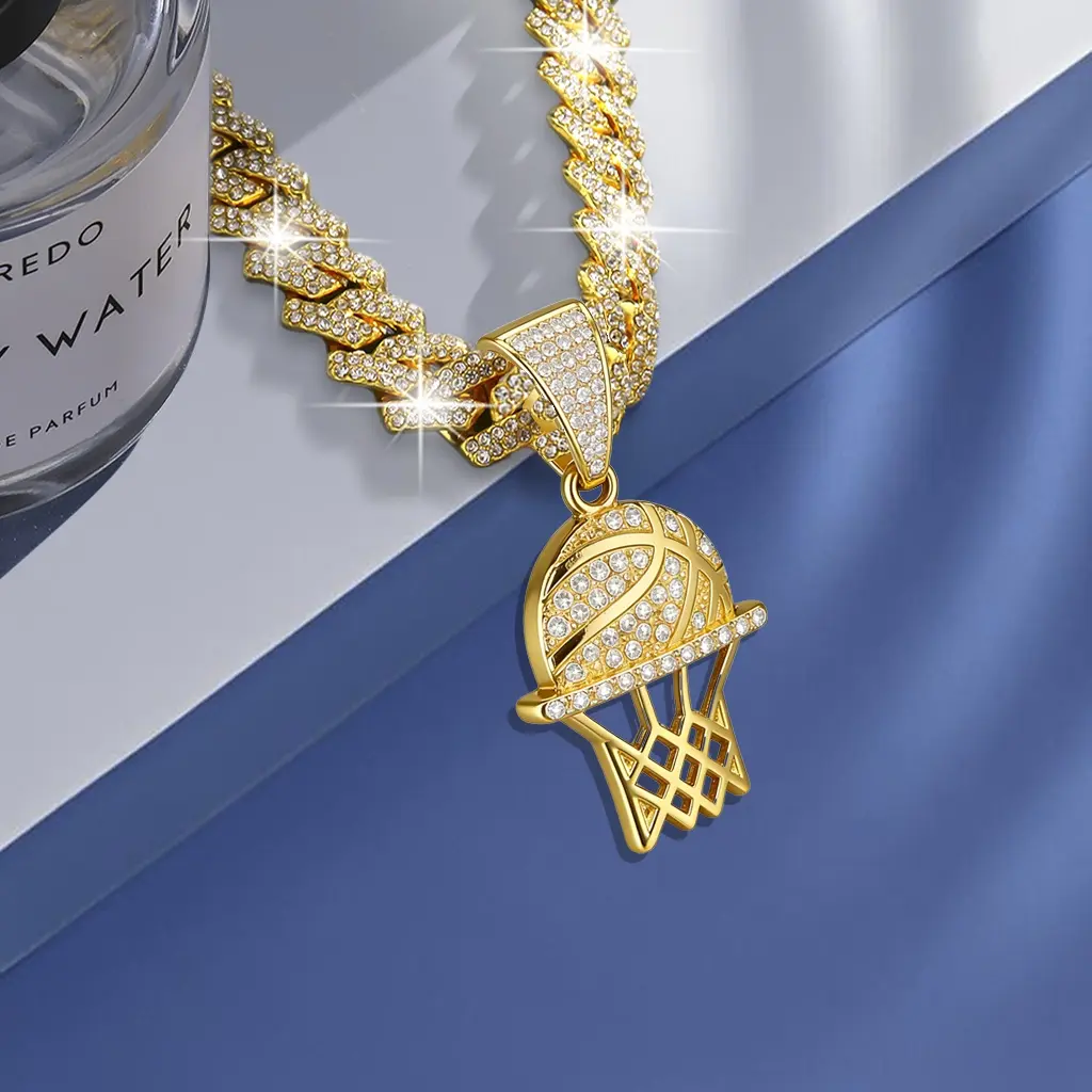 Iced Out Basketball Hoop Pendant Miami Cuban Link Chain Necklace, Bling Rhinestone Hip Hop Costume Jewelry for Men