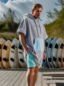 Unisex Colorblock Microfiber Quick-Dry Poncho Bathrobe, Hooded Pocket Design, Casual Beach Swimwear, Warm Changing Robe, Loungewear Robe