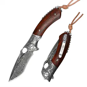 SDOKEDC Damascus Pattern Steel Blade Pocket Knife - Wooden Handle, High Hardness Knives for Fishing, Kitchen Food Prep, Portable Household Cutting Tool