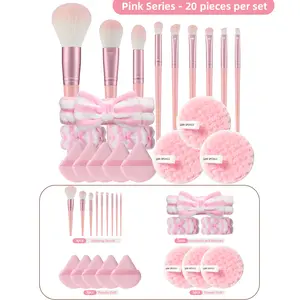 20PCS Makeup Tools Set Including:9PCS Makeup Brush Sets,5PCS Triangle Powder Puffs,3PCS Facial Cleansing Sponges,1pc Hairband,2PCS Hand Bowl Strap