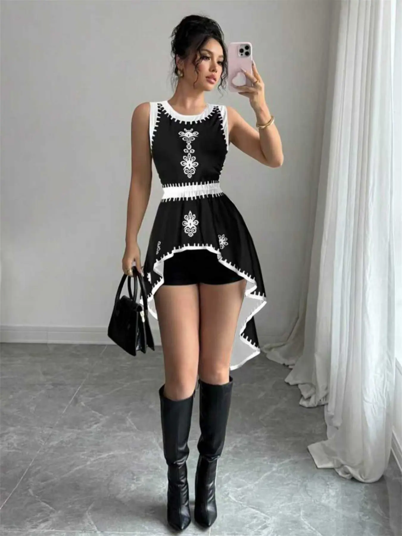 Middle East Summer Elegant Festival Party Vacation Paisley Floral Print Front Short Back Long Round Neck Tight Fit Sleeveless Vest Dress Womenswear Elegance Floral Prints Dress