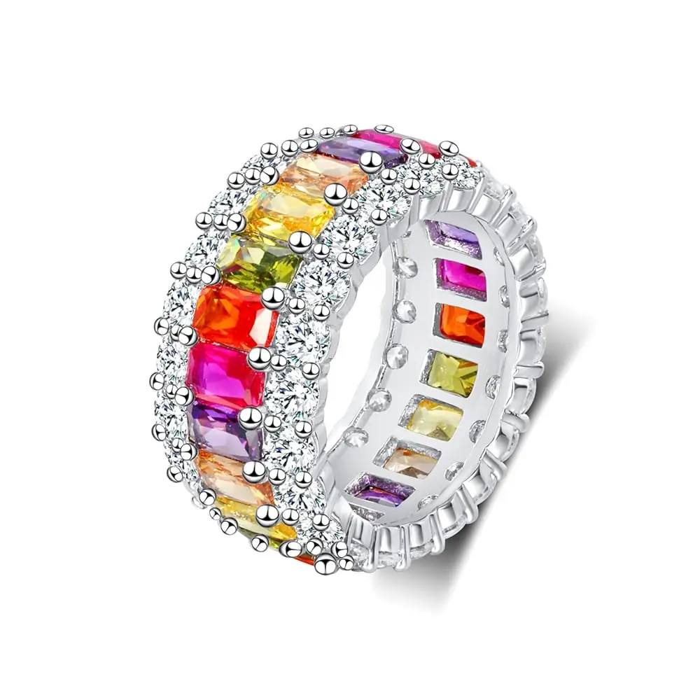 GEMSME  White Golden Colorful Cubic Zirconia Rainbow Halo Eternity Ring, Christmas New Year Birthday Festival Wedding Anniversary Valentine'S Day Mother'S Day  Gifts Unisex ARS105519W-W Elegant Fashion Rings Statement Multi Ring