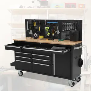 61" Rolling Tool Chest with 10 Drawers, Solid Rubber Wood Top Garage Workbench Cabinet, Heavy Duty Mobile Storage with Power Strip, Lockable Wheels, Tool Organizer for Workshop, Home, Office