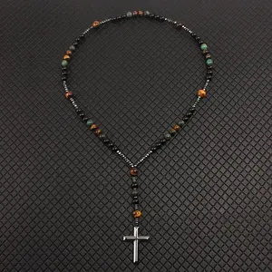 Natural Stone Turquoise &Tiger-eye Beads Cross Pendant Necklace Bohemia Colorful Bead Necklace Beads' Color Is Random