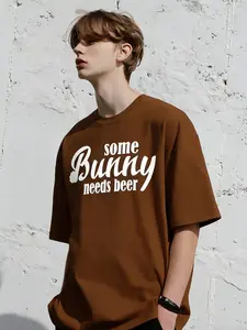 American Street Style Letter Print Short Sleeve T-Shirt, 100% Cotton Loose Fit Drop Shoulder, Casual Commuter Top for Men