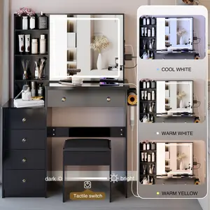 Vanity Table with Charging Station for Bedside, 37” Makeup Dresser Set with LED Mirror & Stool, Hair Dryer Holder, UL Certified