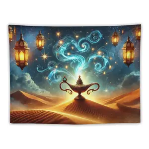 Fantasy Desert Tapestry Ancient Aladdin's Lamp on Golden Dunes Emitting Blue Spiral Smoke Vintage Lanterns under Starry Night for Mysterious Arabian Vibe