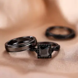 3-Piece Elegant Vintage Gothic Style Couple Square Rings, Black Setting with Cubic Zirconia, Gifts for Valentine's Day, Christmas, Mother's Day, Father's Day, Halloween, Unisex Unique