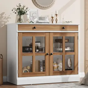 35.4" Sideboard Buffet Cabinets with Glass Door, Buffet Cabinet with Storage, White Sideboard Cabinet with Drawer, for Dining Room, Kitchen，White%Oak Freestanding Wood Cupboard