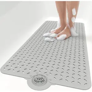Bath Mat for Tub Non Slip: 39" X 17" Long Bathtub Mat with Hair Catcher │ Big Drain Holes Shower Mats for Inside Shower │ Machine Washable (Grey)