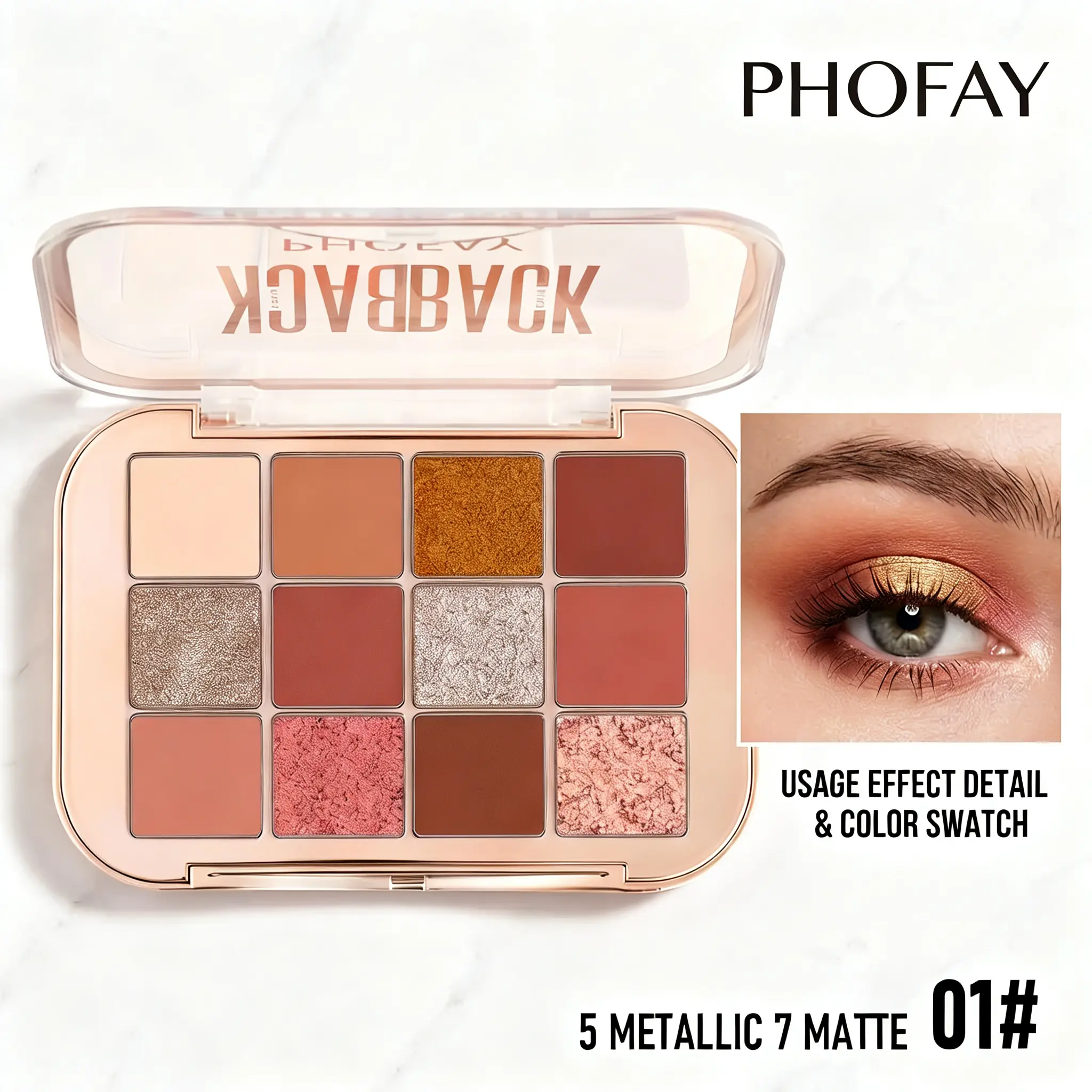 PHOFAY Regular Edition 15g 12-Color Metallic Eyeshadow Palette - Highly Pigmented Matte, Blendable, Long-Lasting, Brightening, Oil-Resistant, Setting Colored Pigment Makeup, Pink Hues with Bling Transformation, Single Item for Daily & Party Soft Glam, 12,