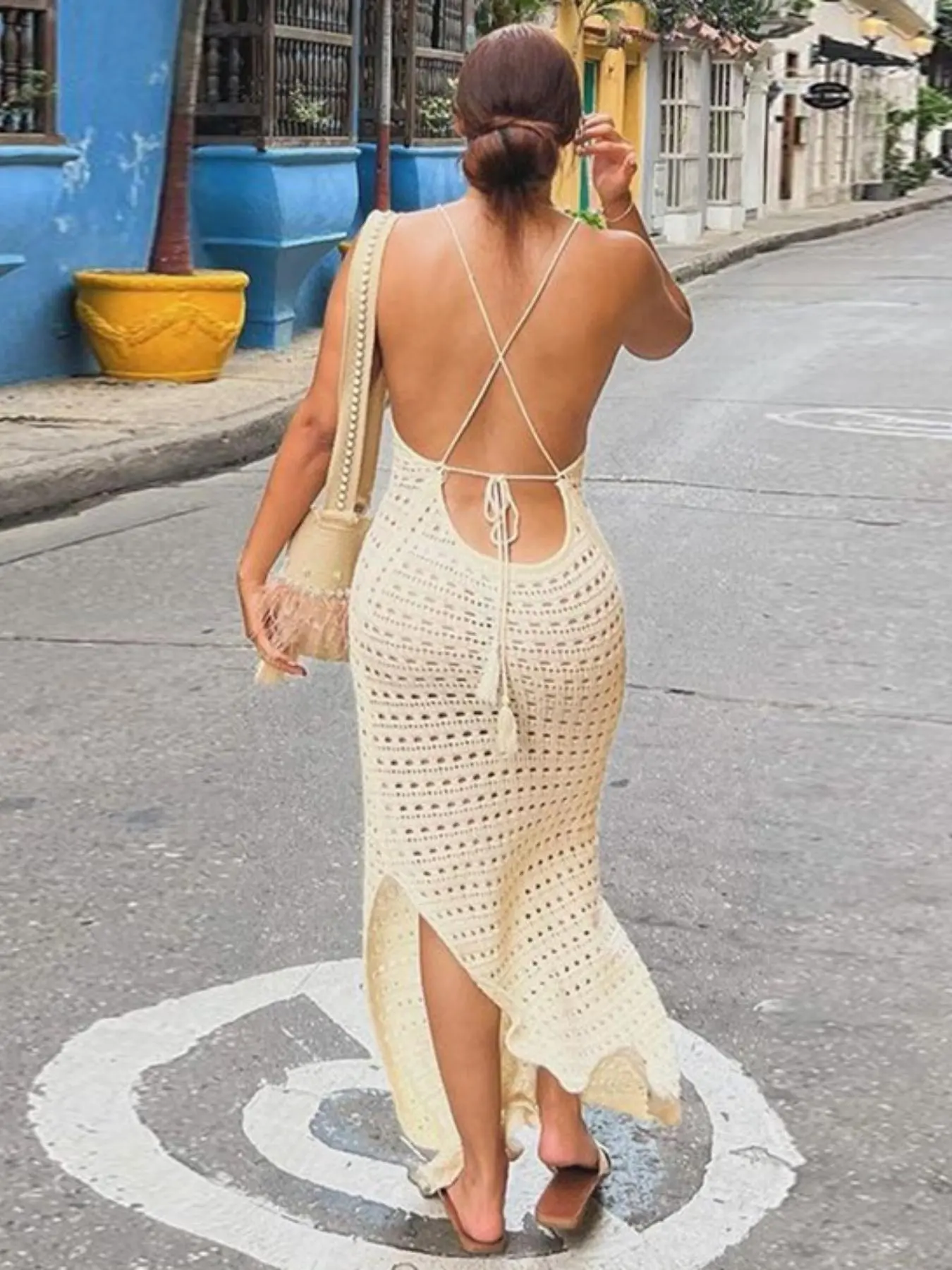 Women's Plain Criss Cross Split Backless Sleeveless Spaghetti Strap Bodycon Sweater  Dress, Boho Style Dresses, Casual