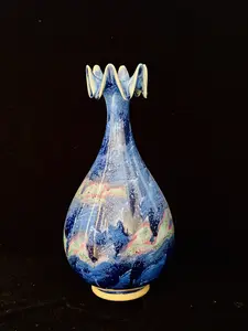 Handmade Chinese Jun Porcelain Vase with Ruffled Flower Top, Stunning Blue-Pink Kiln-Fired Glaze Ceramic Vase, Unique Asian Art Home Decor