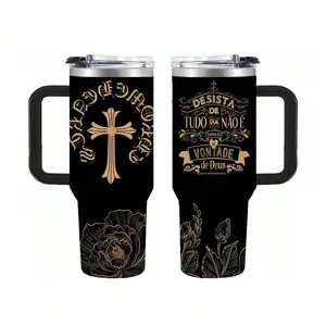 40 Oz Religious Portuguese Quote Tumbler With Handle And Straw Lid - Stainless Steel Insulated Travel Mug, Cross And Gold Floral Coffee Cup For Faith, Keeps Cold/Hot