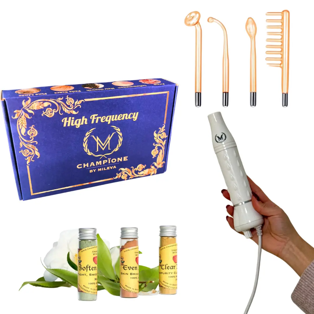 Champione High Frequency Wand for Facial Treatment with Clear Skin Mask, Even Me Out Mask & Soften Me Up Mask US Plug for Acne Exfoliation and Anti-Aging