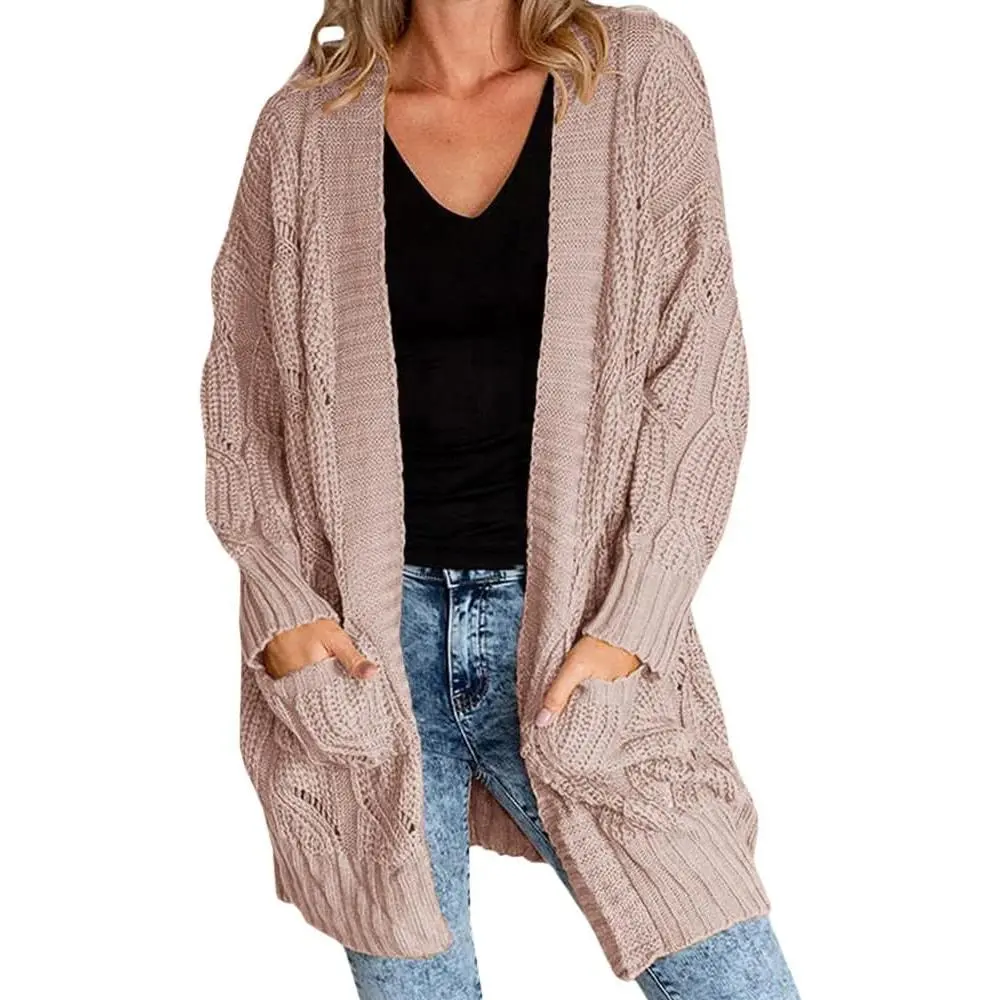 Women's Oversized Chunky Cable Knit Cardigan - Long Sleeve Soft Open Front Tops with Pockets, Plus Size Knitwear Sweater Outerwear