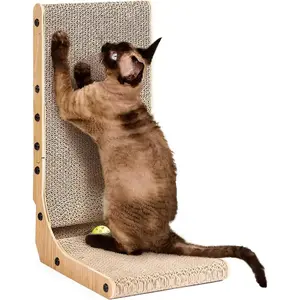 Cardboard Cat Scratcher for Indoor Cats, 26.8 Inch L Shaped Vertical Cat Scratching Board with Ball Cat Toy, Large Cat Scratcher Pad