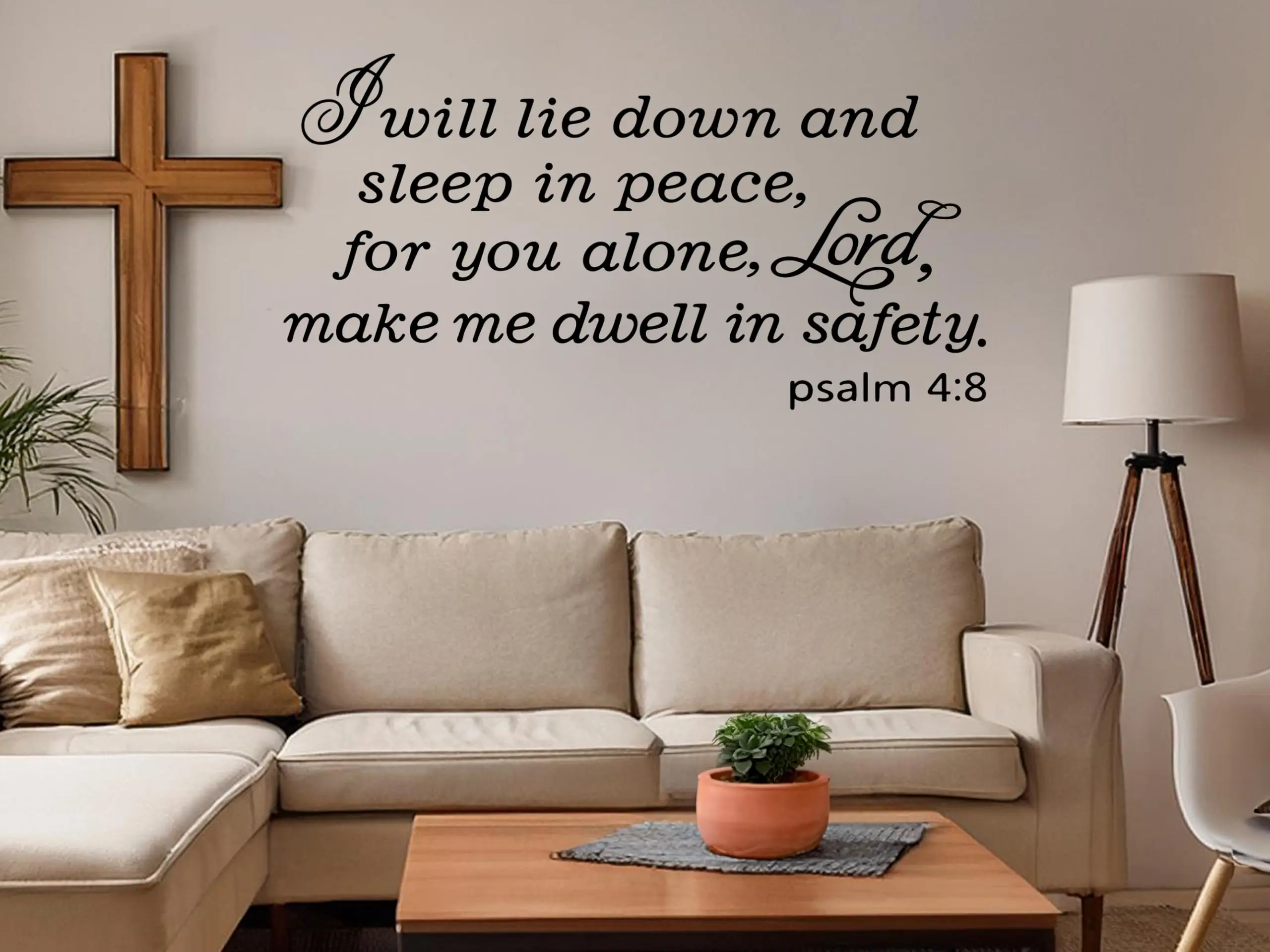 Psalm 4:8 Wall Decal – I Will Lie Down and Sleep in Peace, for You Alone, Lord, Make Me Dwell in Safety – Christian Bible Verse Wall Art Sticker