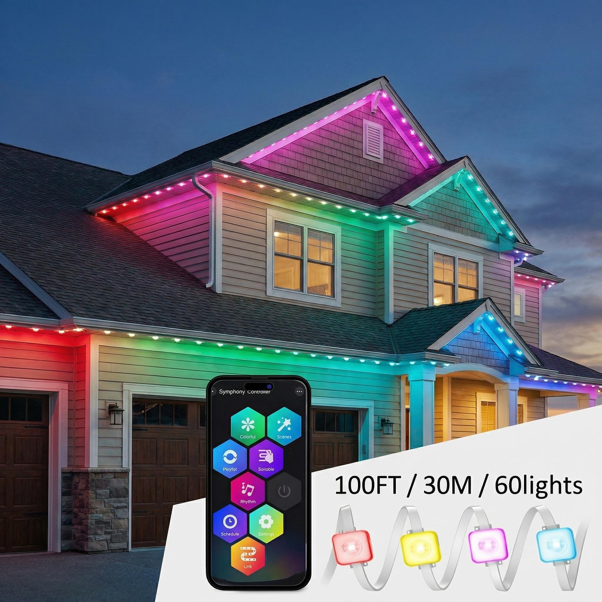 100ft Permanent Outdoor RGB Eaves Lights, 60 LEDs Smart App & Remote Control Roofline Lighting, Music Sync, DIY Scene Modes, IP67 Waterproof LED Lights for Christmas, Holidays, Daily House Decor