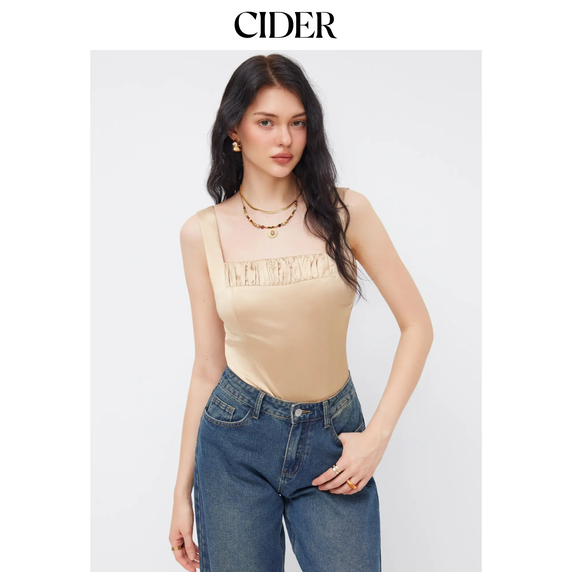 Cider Women's Solid Color Satin Bodysuit, Long Sleeve Square Neck Ruched Shaping Fashion Bodysuit Top, Shaping Bodysuit, Solid Color Bodysuit