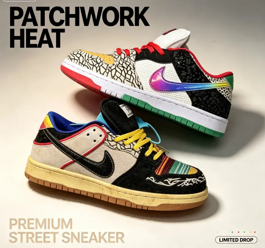 Multi-material patchwork mismatched skate shoes cracked leather + suede build iridescent gradient logo dual colored midsole dual tone laces padded collar for comfy all-day street styling