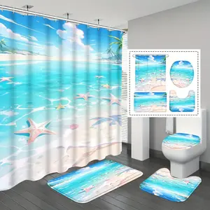 1/3/4pc Beach Sand Bath Curtain, Fresh Style Bathroom Divider, Modern Straight Shower Rod, Wall Mounted, Bathroom Supplies