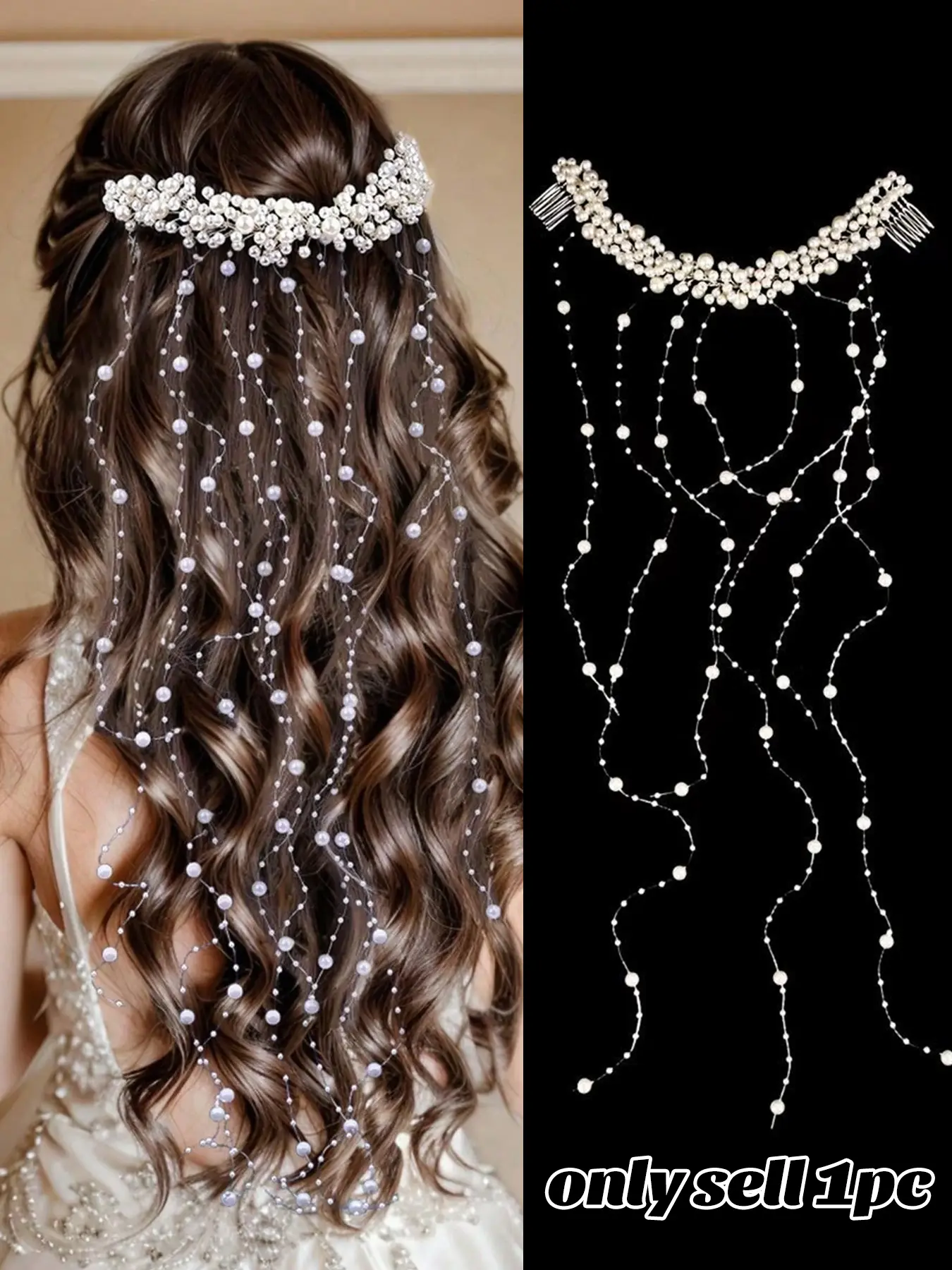 Handmade Pearl Tassel Wavy Wedding Headband Hair Comb, Decorative, Flower Crowns for Women, Floral Pearl Crown Veil Headhand Hair Accessory, elegant design, perfect for weddings, bridal, bridesmaids, festivals, Birthday Party