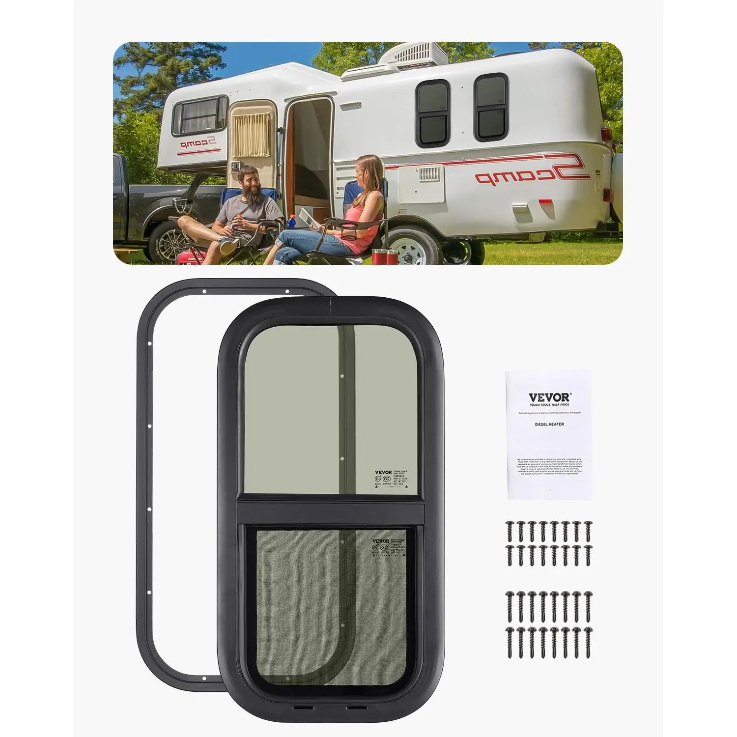 VEVOR Vertical RV Window, 12 Wx 24 H Tinted Sliding RV Window with Net Screen Trim Ring, Fit 15/16 - 1 3/4 Thickness Wall, RV Window Replacement for Teardrop Cargo Trailer Camper, DOT Approved