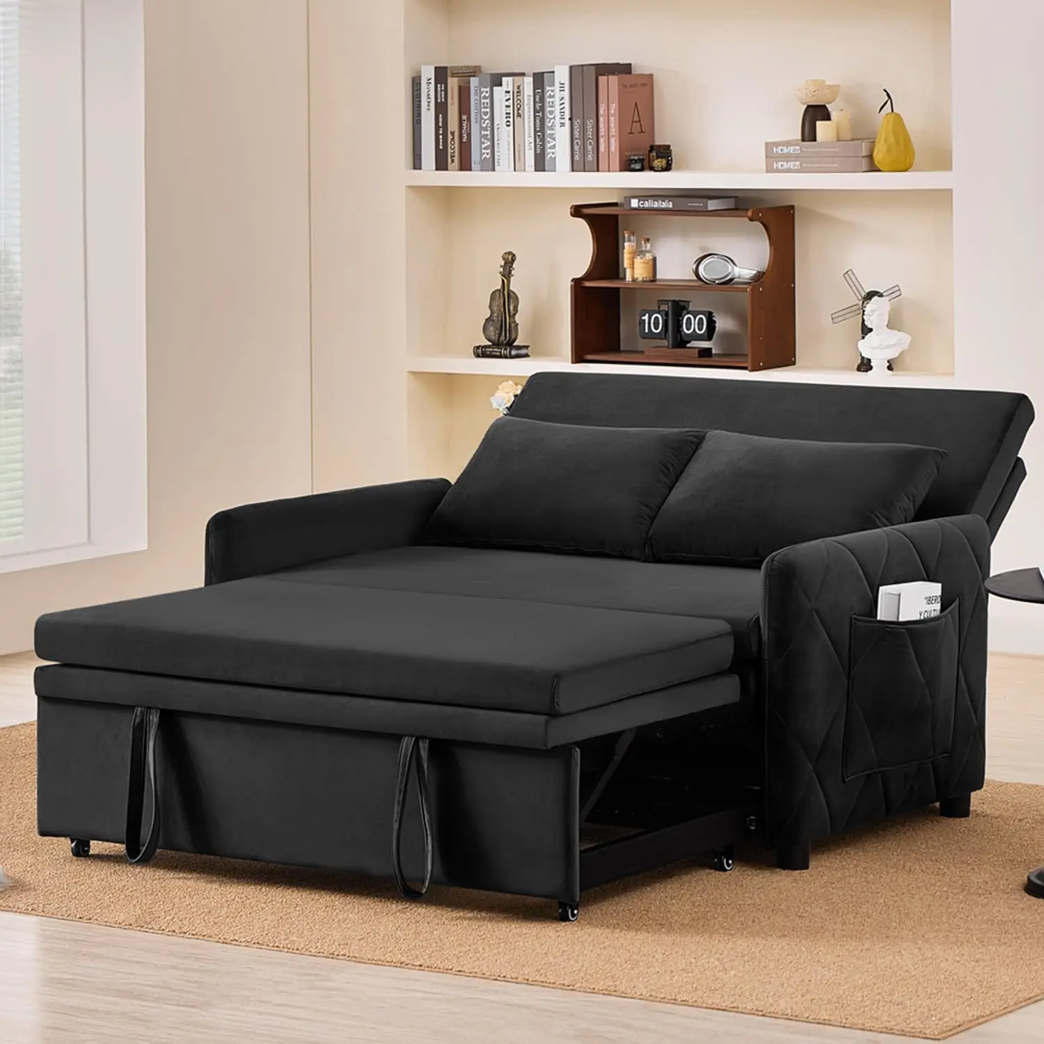 51.2" Convertible Sleeper Sofa Bed, Velvet Loveseat Couch with Pull Out Bed, Multi-Functional 2 Seat Folding Sofa Couches for Living Room Apartment Small Space, Black