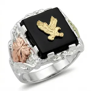 Men's Onyx Eagle Ring, 10k Yellow Gold, Sterling Silver, 12k Green and Rose Black Hills Gold Size 9