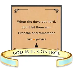 Motivational Cuff Bracelet for Women, God Is In Control Let Them Bracelet for Women Stainless Steel Color Inspirational Bangle with Engraved  Message  Gifts