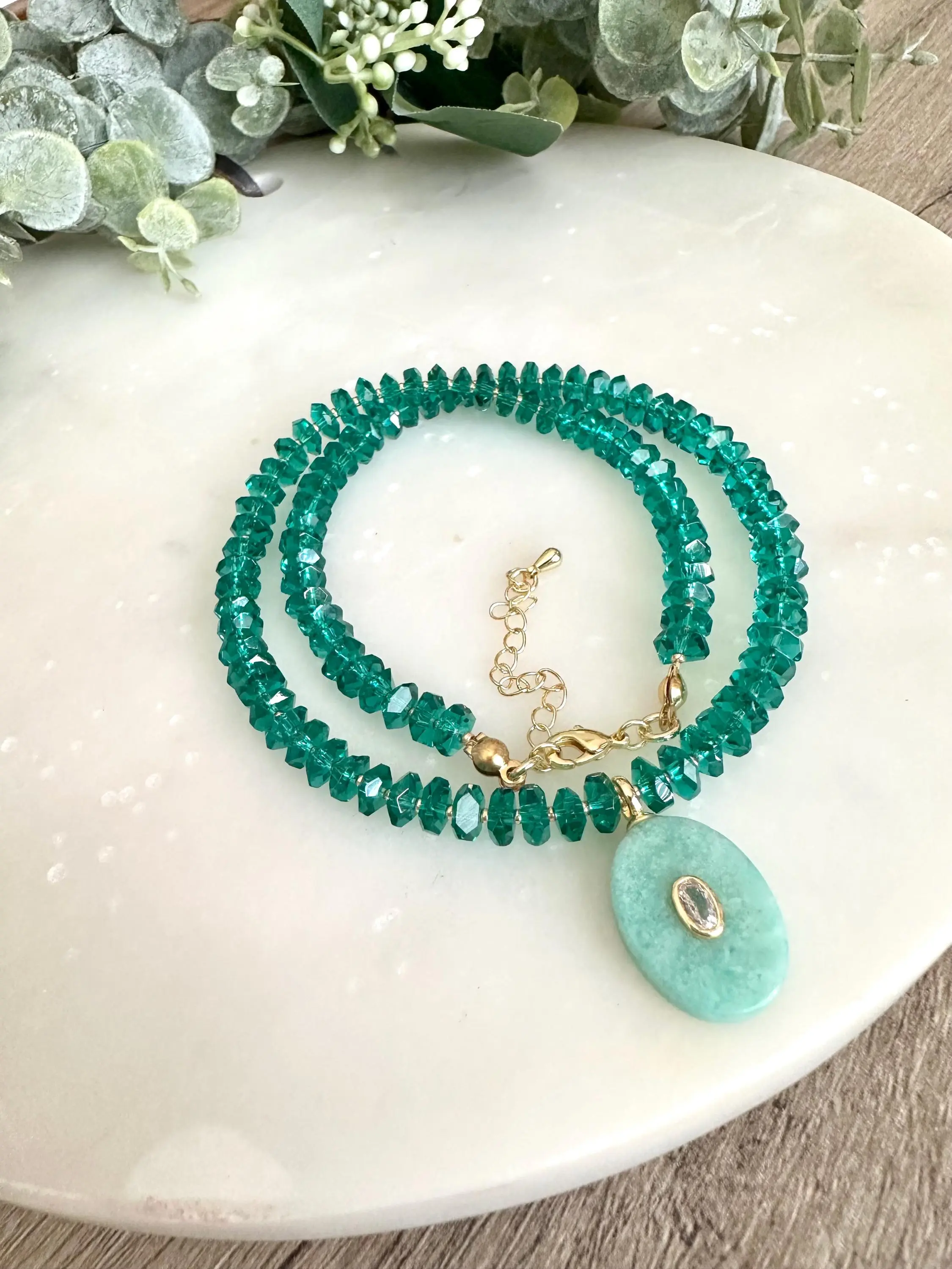 Green Quartz  Beaded Necklace with a Amazonite Pendant Necklaces -Gift-Wedding-Bridesmaid