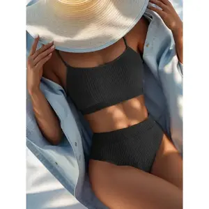High Waisted Tummy Control Ribbed Bikini Crop Top Swimsuit Set 2 Piece