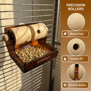 GoWitPaws Rolling Treat Dispenser Dual Wooden Roller Foraging Toy with Tea-Colored Acrylic Tray for Small/Medium Parrots and Small Pets Interactive Puzzle Feeder with Stainless Steel Mount Easy Clean Design
