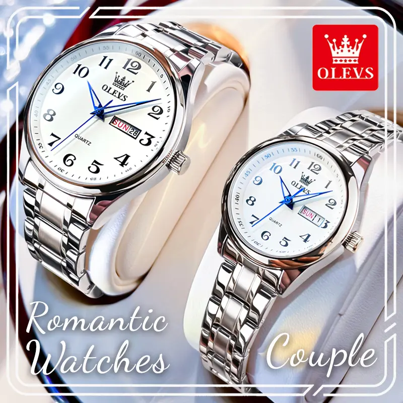 OLEVS 5567 Couple Watch Set, Clear Dial, Luminous Hands, Dual Day & Date, Water Resistant, Romantic Valentine & Anniversary Gift For Couples