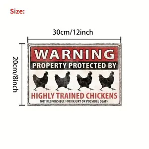 2D Flat, 1pc Vintage Metal Tin Sign - Funny Farm Warning Decoration with Highly Trained Chickens - Rustic Red & Black Retro Design - Heavy-Duty 8x12 Inch Metal Plaque for Outdoor Coops, Halloween, Thanksgiving, Easter Decor - No E