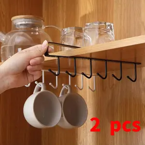 Durable Metal Cup Hook Shelf (Without Screws) - 2-Count Multifunctional Under Cabinet Storage Rack with 6 Hooks, Home Organizer for Kitchen, Bathroom