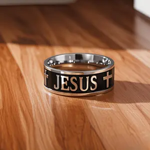 Men's Stainless Steel Male Punk Ring - Glamorous Cross with "JESUS" Letter Design, Metal Coating, Fashionable Jewelry Accessories, Valentine's Day Gift