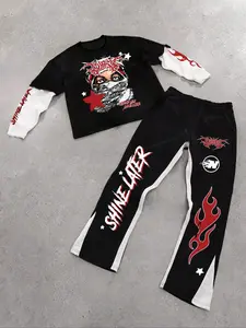 Men's Graphic Tee & Track Pants Set, Regular Fit Casual Fashion Cozy Round Neck Short Sleeve T-shirt & Trousers for Daily Outdoor Wear, Men's Clothing for Spring & Fall, Menswear