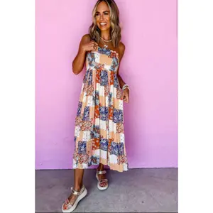 Orange Floral Patchwork Bandeau Smocked Dress