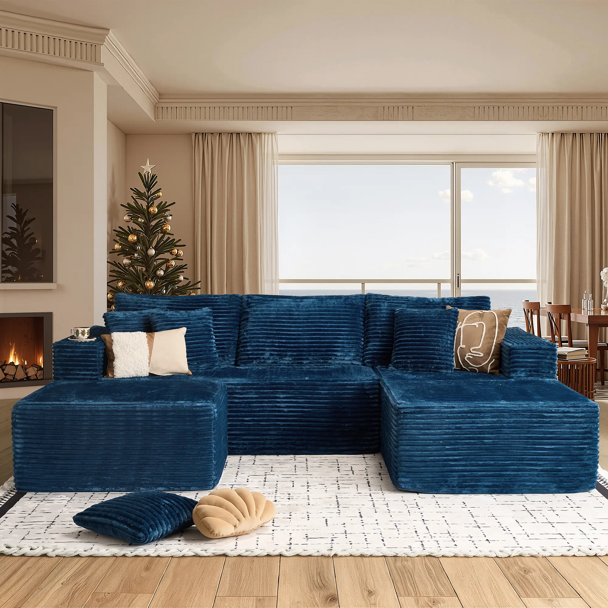 108" Blue Right Chaise Sofa With Ottoman