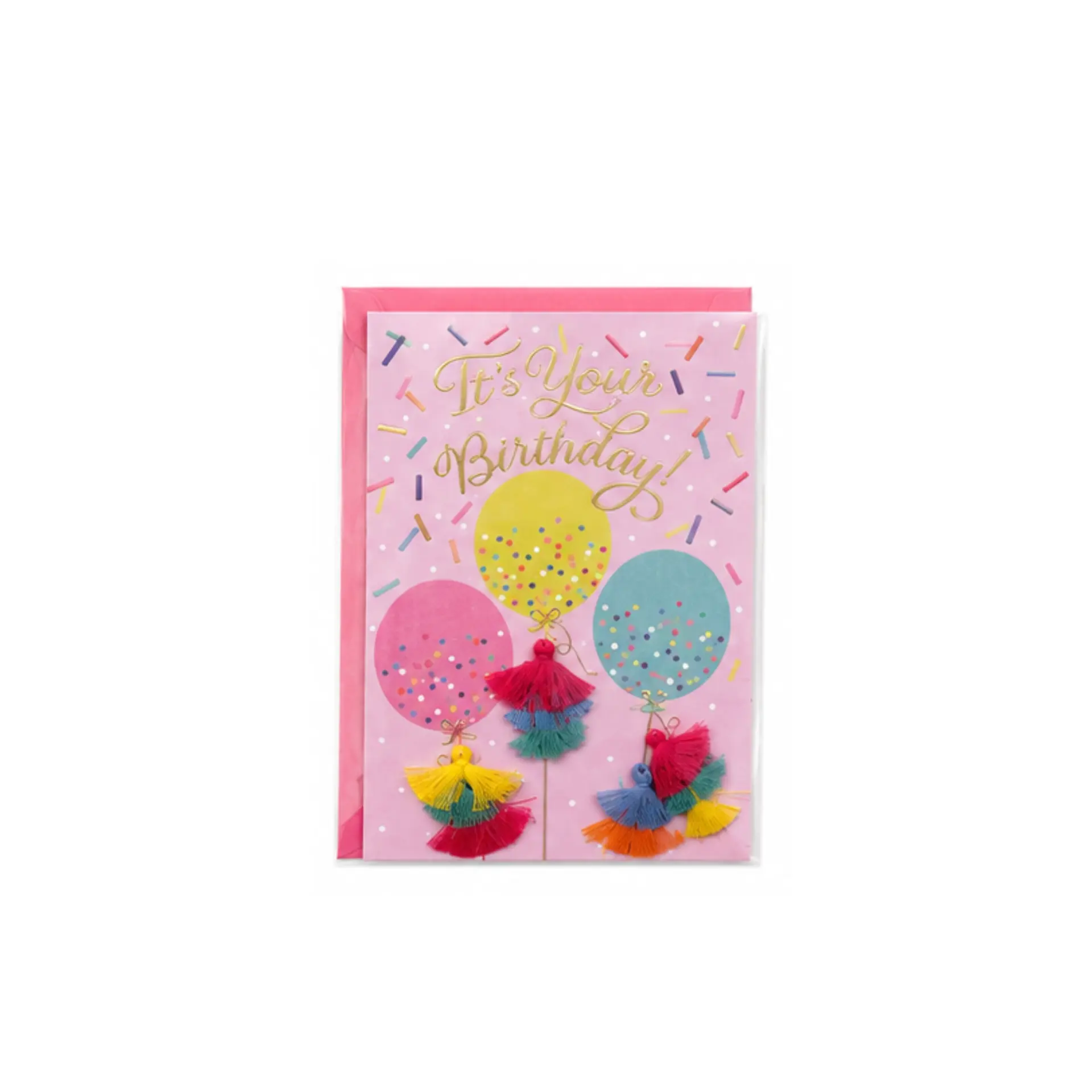 Multi Color Balloons With Cotton Tassels Birthday Card